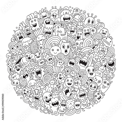 Cuadro en lienzo Black and White Circular Monster Doodle Pattern Vector