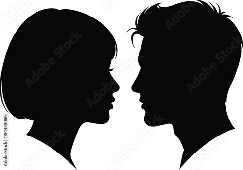 Romantic couple face silhouettes, man and woman profile looking at each other, love relationship intimacy concept illustration
