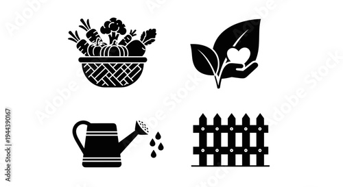 Black icons of gardening tools and plants.