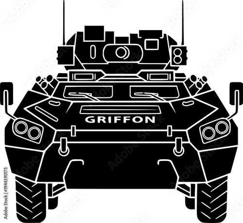 Set of Griffon armored personnel carrier icons line, silhouette and black color isolation, French armored infantry vehicle.
