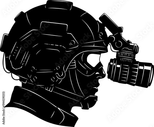 Icon of a soldier's head with a night vision device on a helmet, silhouette of a military head in black, soldier of the future.
