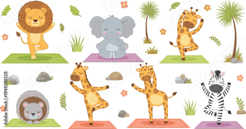 Playful Safari Animals Doing Yoga Set Featuring Lion, Elephant, Giraffes, and Zebra in Peaceful Poses