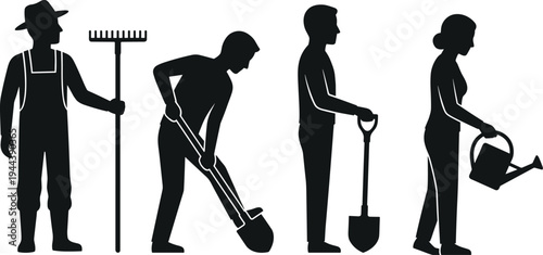 Gardeners silhouettes working with rake, shovel and watering can illustration showing gardening activities and agriculture labor icons