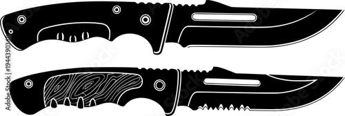 Two icons of tactical knives with anatomical handle and large figured blade, military knives line and silhouette in black colors.
