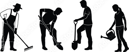 Gardeners working with rake, shovel and watering can silhouette illustration showing gardening activities and agriculture work icons
