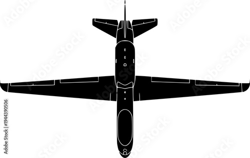 Unmanned aerial vehicle for strategic purposes RQ-4 Global Hawk icon top view silhouette in black.
