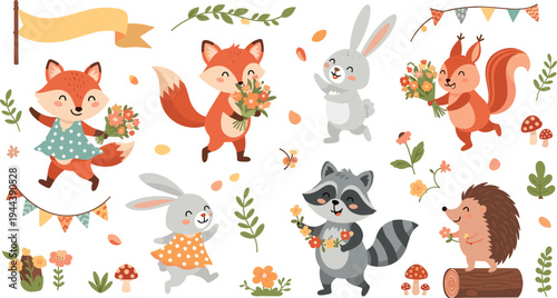 Whimsical Woodland Animals Celebrating with Flowers and Bunting Flags Set Featuring Fox, Rabbit, Squirrel, Raccoon, and Hedgehog