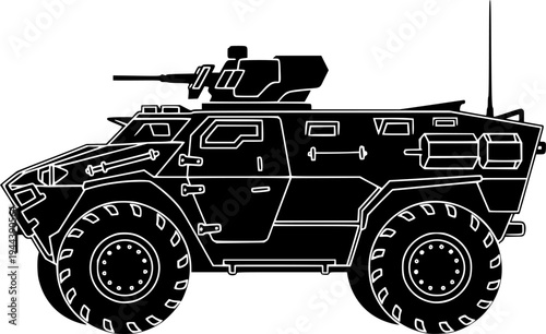 Griffon armored personnel carrier icon isolated on black, French armored infantry vehicle..
