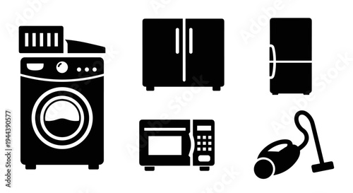 Black icons of household appliances.