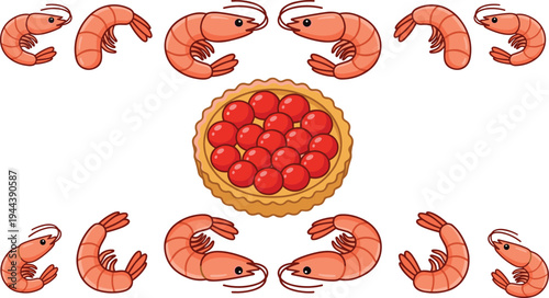 Cartoon shrimp and seafood pie illustration set with cute prawns surrounding baked tart isolated vector food design collection