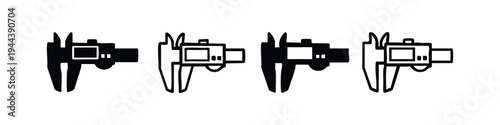 Set of four digital caliper or vernier caliper icons in black solid and outline hand-drawn styles