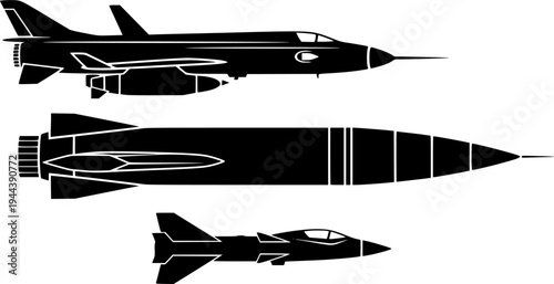 Set of icons of the fighter plane f35 line, silhouette, black color isolation, top, front and side view. F-35 Lightning II model. War plane icon.
