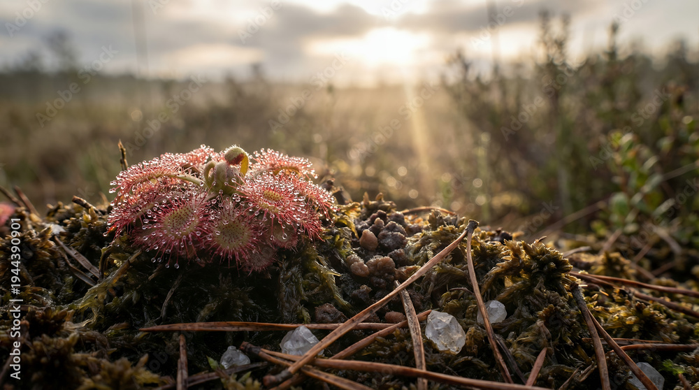 Naklejka premium Sundew Rosette on Peat with Dew Lenses