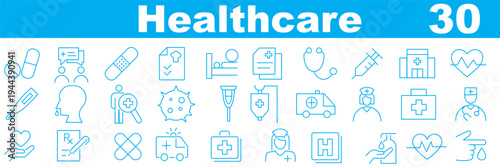 Healthcare Medical Line Icons Set with Editable Stroke for Hospital, Doctor, Medicine, and Health Management