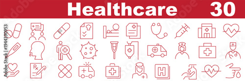 Healthcare Medical Line Icons Set with Editable Stroke for Hospital, Doctor, Medicine, and Health Management