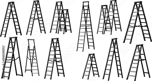 Step ladder collection set in different positions, hand drawn construction equipment illustration, folding ladders for repair, maintenance and building work isolated on white