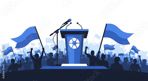 Political rally with speaker at podium and waving flags, celebrating a public event