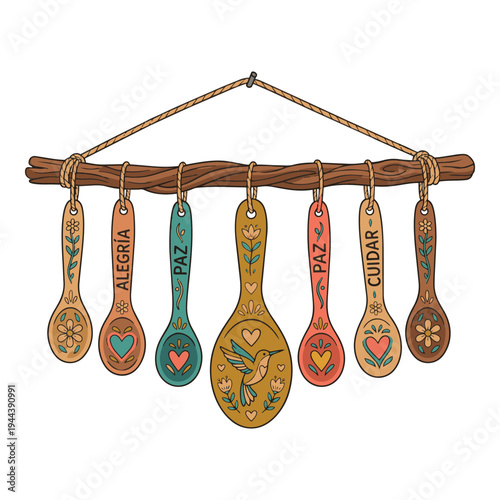Folk Art Hanging Wooden Spoons Decoration Vector
