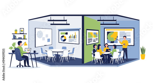 Modern Office Work: Collaboration, Presentations & Individual Productivity. Business Team Meetings, Data Analysis & Remote Work Concepts