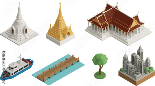 Isometric Thailand landmarks set, Buddhist temple pagoda pavilion boat bridge tree and city buildings, Thai architecture travel vector