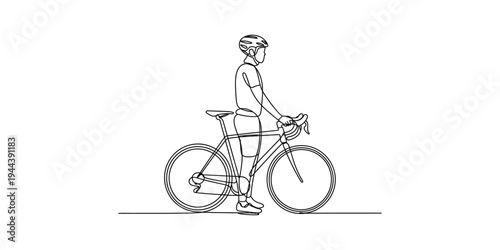 Minimalist Continuous Line Art Drawing of Male Cyclist Standing by Road Bike on White Background