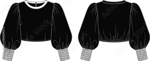 Women cropped blouse with puff sleeves front and back view, fashion apparel technical sketch, elegant female top garment vector illustration isolated on white background
