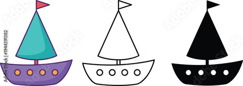 Sailboat icon set with color, outline and silhouette styles illustration showing simple boat symbols for marine transport design