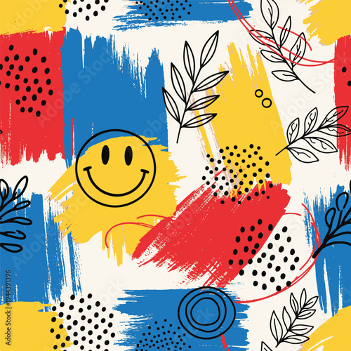 Abstract Scribble and Smiley Face Seamless Pattern Vector
