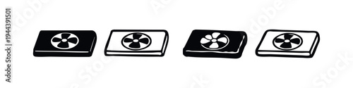 Stylized air conditioner or exhaust fan icon set, climate control symbols in black and white.
