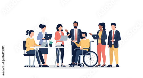 Diverse group of colleagues collaborating around office table with laptop and wheelchair