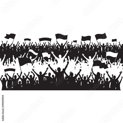 Silhouette Crowd of People Protesting with Flags Vector
