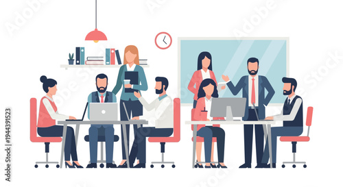 Business professionals collaborate in an office setting with laptops.