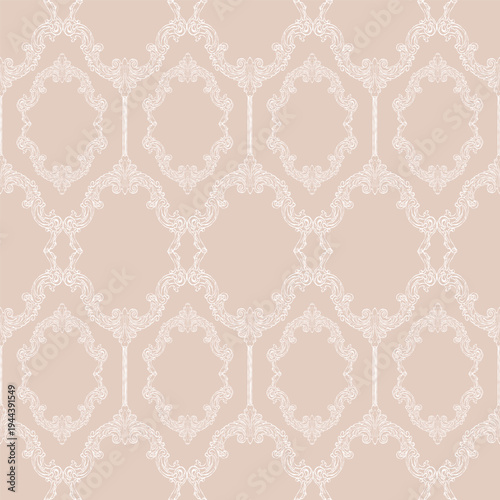 Seamless pattern in vintage baroque style. Classic Victorian hand-drawn design. A whimsical background for wedding invitations, gift wrap, packaging materials, fabric, and wallpaper. Beige vector
