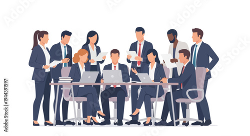 Business professionals collaborate on laptops around a conference table indoors.