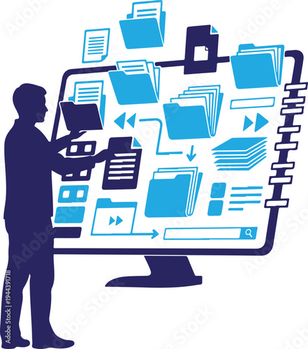 Silhouette of a man interacting with a large computer screen isolated on transparent background