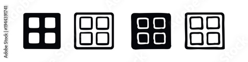 Multiple Window Panel Grid Vector Icons. Application Menu Layout Symbols in Black and White Outline and Solid Styles.