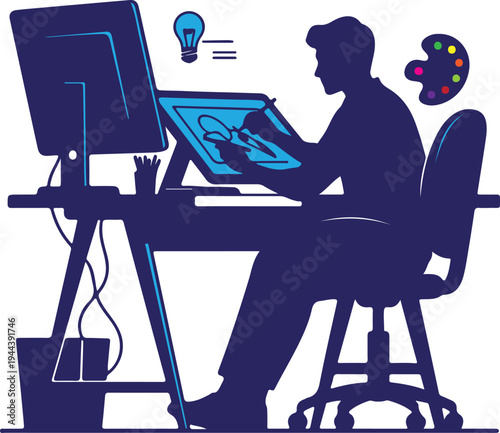 Silhouette of a man working on a laptop isolated on transparent background