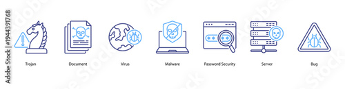 Data Protection web banner icon vector illustration featuring Trojan, Document, Virus, Malware, Password Security, Server, and Bug.