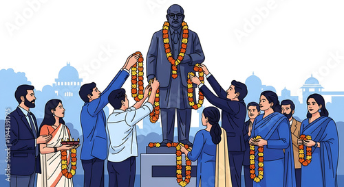 Diverse community honors a historical leader by adorning their statue with vibrant flower garlands, a public tribute symbolizing enduring respect and a celebrated legacy
