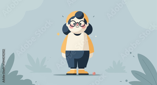 A cute animated girl with glasses and a yellow hat smiles
