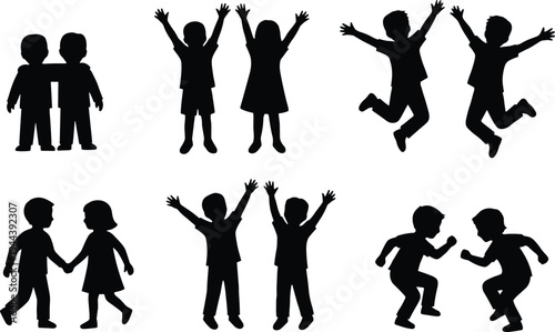 Children silhouettes playing and jumping together, happy kids black vector illustration isolated on white background for childhood concept