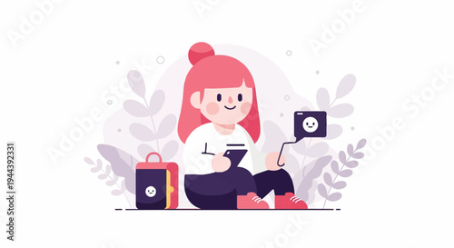 A girl with pink hair, using a tablet, with a backpack and a camera nearby