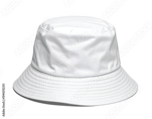 Pristine white bucket hat with stitched brim on white background