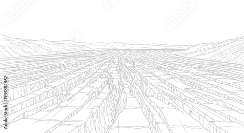 Abstract Geometric Landscape Drawing: Cracked Earth Texture and Mountain Horizon
