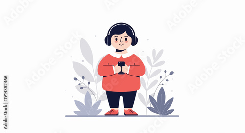 A cheerful character in headphones holds a phone amidst stylized foliage