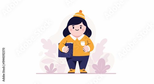 A cheerful, plump character wearing a yellow sweater, dark pants, and a matching hat