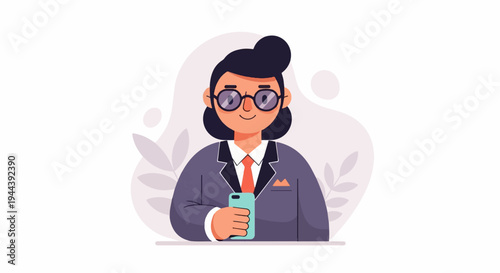 Modern illustration of a person in a suit holding a smartphone with a soft background