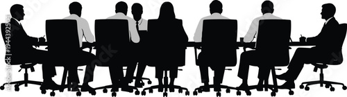 Corporate board meeting silhouettes, business professionals discussing strategy at conference table isolated on white background illustration