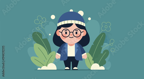 A whimsical cartoon character with glasses and a beanie, surrounded by stylized plants and soft shapes