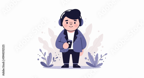 A stylized cartoon character with headphones and phone stands amidst abstract plant elements